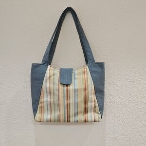 Cream and Blue Denim Tote with Striped Design